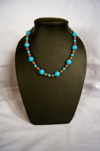 "Beach Pebbles." 18” beaded necklace and matching earring set made with multicolored stone and glass beads.